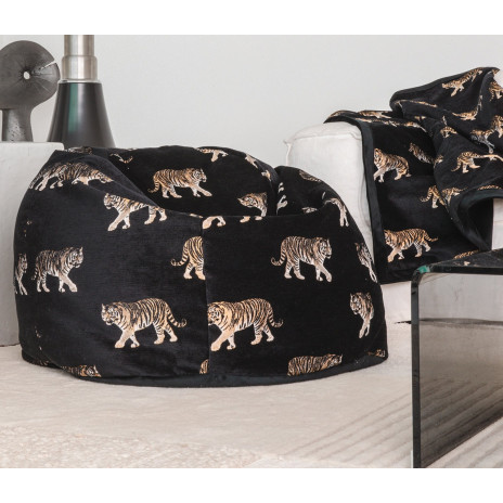 Pouf en velours noir brodés tigres