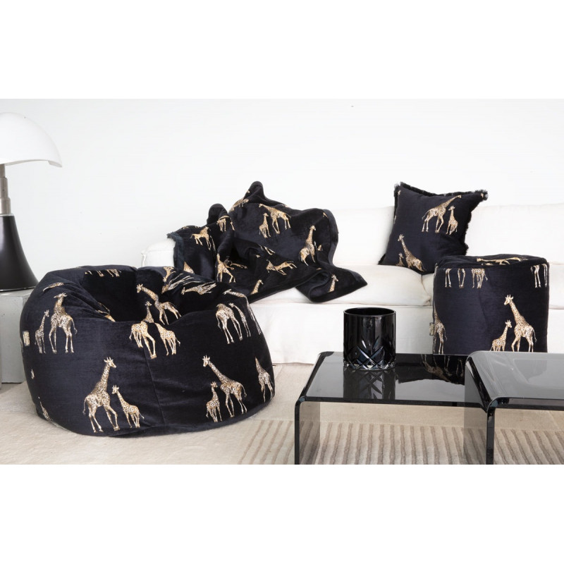 Pouf en velours noir brodés giraffes